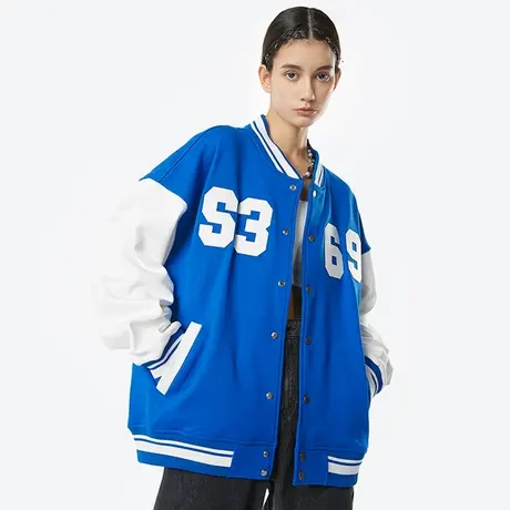 高街vibe风美式克莱因蓝棒球服男潮冬季国潮加厚排扣开衫夹克外套商品大图