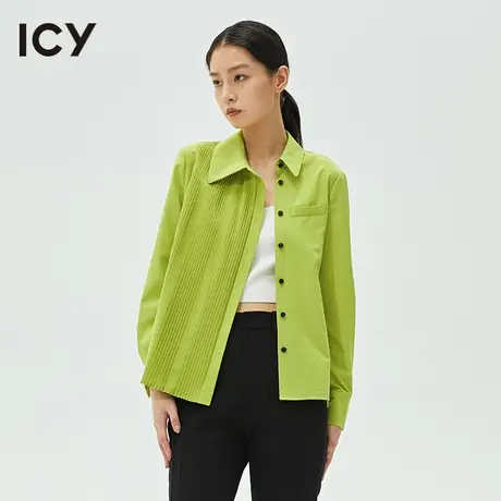 icy女装春秋新款复古不对称拼接风琴压褶绿色长袖开衫衬衫女商品大图