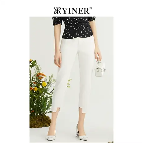 YINER音儿女装2022夏季新款通勤抓纹九分铅笔牛仔裤商品大图