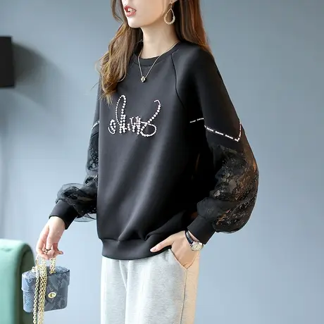 宝诗黎钉珠网纱拼接长袖短款卫衣女春季2024新款宽松纯色套头上衣图片