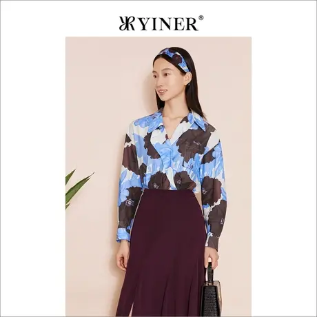 YINER音儿女装夏季含桑蚕丝衬衫印花复古POLO领上衣商品大图