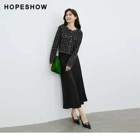 红袖老钱风格纹圆领针织开衫hopeshow2024春季新款香风职场上衣图片