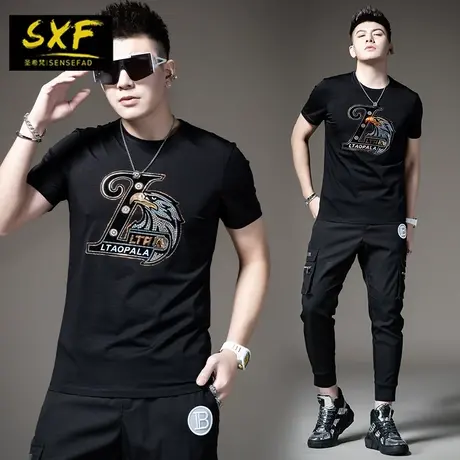 SXF圣希梵男士T恤 烫钻印花半截袖上衣2024夏季修身衣服男短袖潮图片