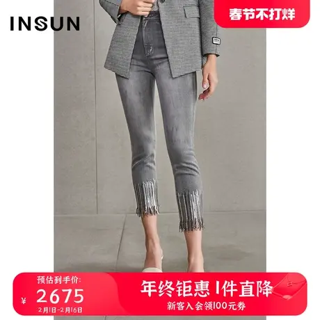 INSUN恩裳春季流苏紧身七分牛仔裤商品大图
