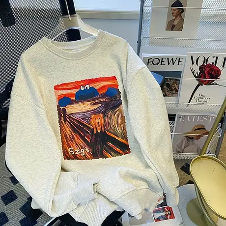 设计感圆领卫衣女秋冬加绒加厚ins潮牌小众高街韩版宽松大码上衣图片