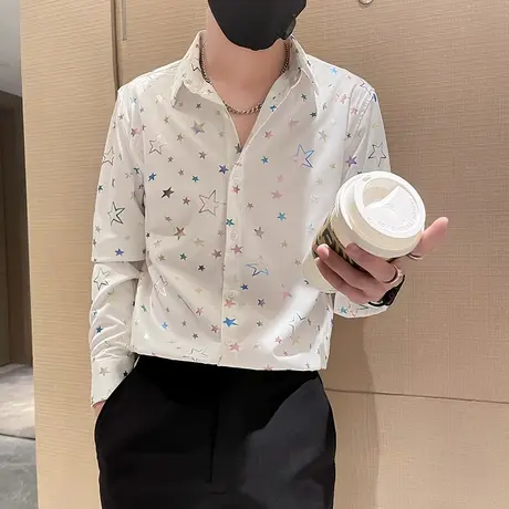 春季时尚休闲彩色五角星韩版修身长袖衬衫发型师INS个性花色衬衣图片