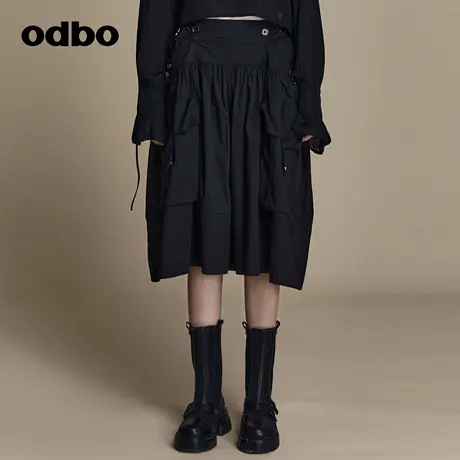 odbo/欧迪比欧原创设计感抽褶黑色休闲裤女夏季2023新款阔腿裤子图片