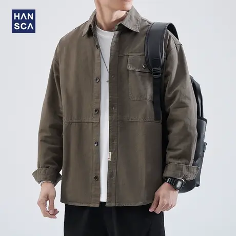 hansca春季美式重磅工装衬衫男长袖纯棉翻领宽松痞帅潮流百搭外套商品大图