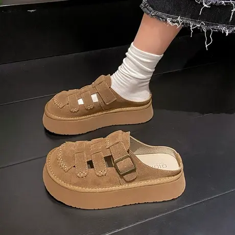 厚底半拖鞋女鞋镂空小众2024新款春秋松糕休闲包头拖小个子勃肯鞋商品大图