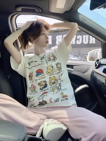 多巴胺可爱情侣短袖纯棉2024新款t恤女宽松韩系chic设计小众上衣商品大图