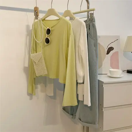 雪花棉薄款圆领长袖T恤女秋季高腰显瘦纯色舞蹈服瑜伽服练功上衣商品大图