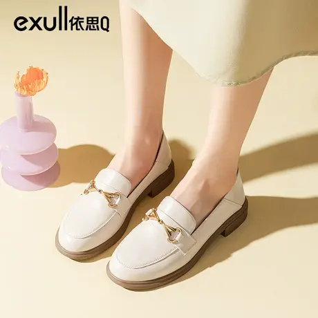 依思q英伦白色小皮鞋女2024新款秋天圆头厚底学院风一脚蹬女鞋子商品大图