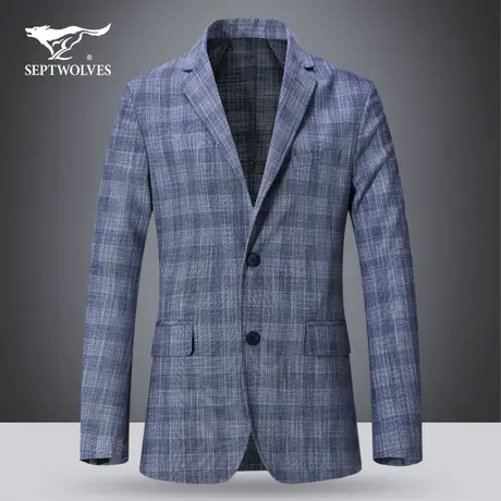 七匹狼狼族生活商务西服春季新款单件修身外套休闲格子西装礼服图片