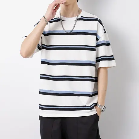 2023夏季条纹短袖t恤男ins潮牌港风宽松韩版潮流百搭圆领半袖上衣商品大图