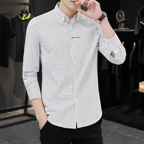 衬衫男长袖韩版潮流帅气男装衣服潮牌男士春秋装休闲条纹白衬衣服图片