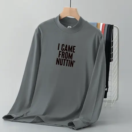 240g重磅纯棉长袖t恤男装潮牌半高领打底衫中领全棉体恤内搭秋衣商品大图