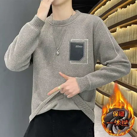 一体绒男士雪尼尔毛衣秋冬季休闲圆领打底衫加绒加厚潮牌保暖上衣图片