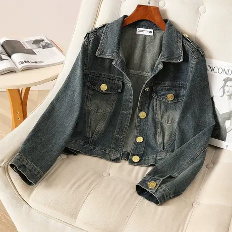 伊自尚2023年新款韩版大码女装胖mm秋季韩版复古设计感牛仔外套女商品大图