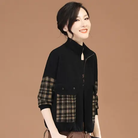 冬上新】立领拼接格纹长袖短外套厚女2023冬季新款宽松显瘦棒球服图片