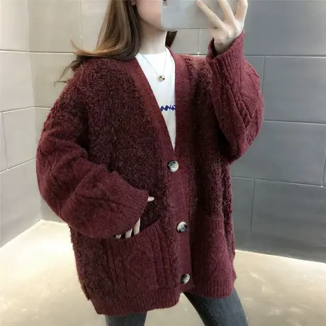 2023春装新款毛衣开衫女仿羊羔毛秋冬韩版宽松慵懒风网红针织外套商品大图