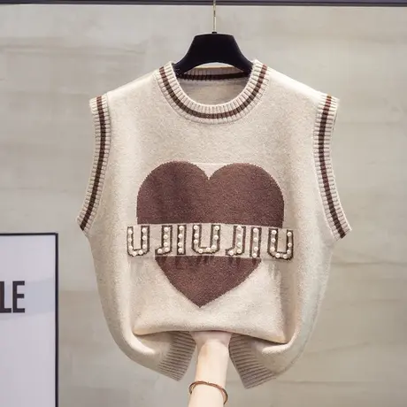 圆领钉珠针织马甲背心女2023春秋新款宽松外穿马夹外搭毛衣坎肩潮商品大图