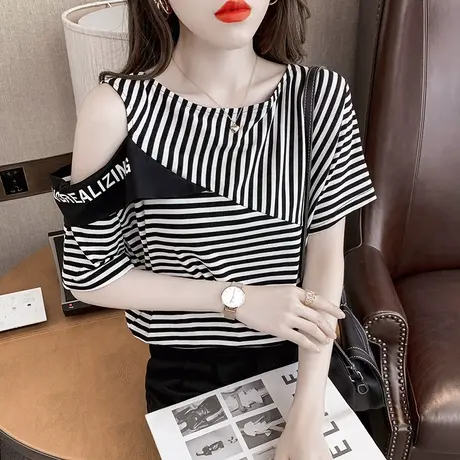 女装2023新款潮条纹T恤女短袖夏性感露肩上衣洋气显瘦体恤半袖ins商品大图