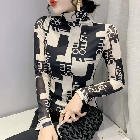 洋气网纱长袖T恤女欧货设计感撞色印花上衣紧身高领打底衫春秋潮商品大图