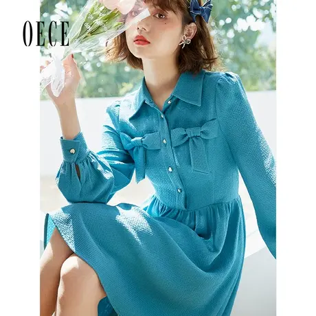 Oece气质显白裙子春秋新款女设计感法式蝴蝶结长袖连衣裙图片