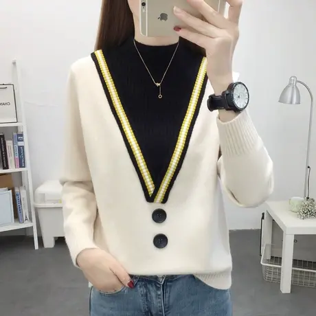 假两件女2022年秋冬新款半高领女士毛衣加绒洋气加厚针织打底衫潮商品大图