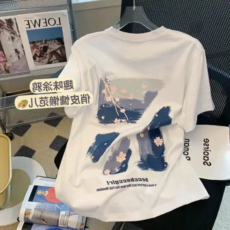 潮牌短袖t恤女夏装2023新款设计感小众宽松正肩港味复古chic上衣商品大图