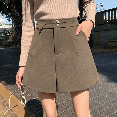 毛呢短裤女2022新款咖色秋冬外穿高腰显瘦a字百搭款宽松阔腿靴裤商品大图