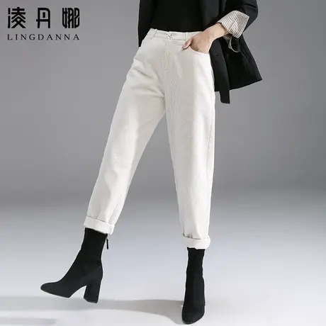 白色条绒老爹裤女2023新款冬季女裤加绒灯芯绒裤子秋冬萝卜哈伦裤商品大图
