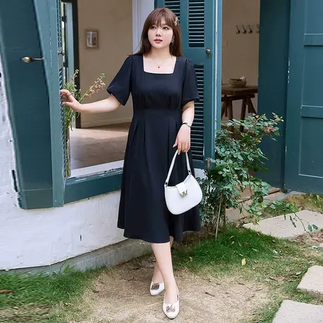 气质方领茶歇连衣裙2003年夏装新款法式显瘦胖MM大码长款小黑裙子图片