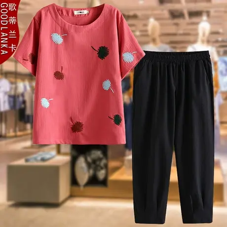 40-50岁中年夏季短袖t恤棉麻套装大码宽松时尚刺绣九分裤休闲套装商品大图