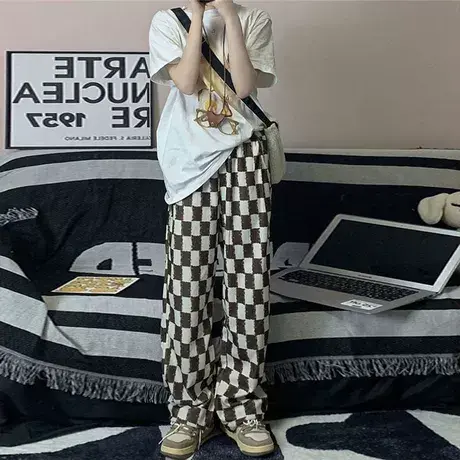 白鹿同款棋盘格裤子女春款高腰显瘦休闲直筒裤宽松黑白格子阔腿裤商品大图