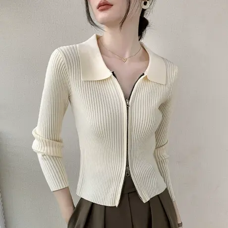 法式翻领拉链毛衣女2023早秋新款长袖修身内搭针织开衫外套上衣商品大图