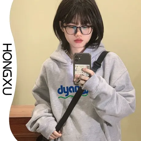 红续美式hiphop潮牌街头连帽卫衣女2023秋冬极简印花显瘦百搭上衣图片