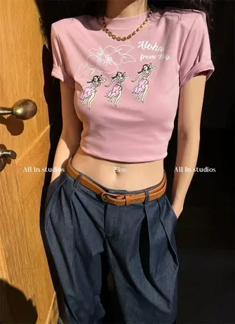 韩国2023夏季新款修身显瘦人像字母印花短款露脐短袖T恤女上衣潮商品大图