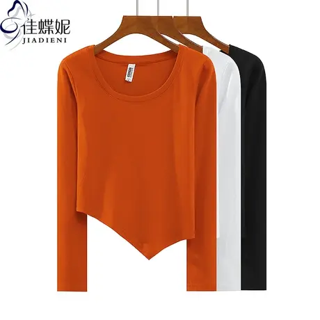 秋冬新款圆领修身显瘦不规则纯欲纯棉纯色长袖体恤上衣女打底衫商品大图