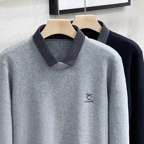 轻商务潮流刺绣假两件毛衣男秋冬季修身休闲针织衫上衣保暖毛线衫商品大图