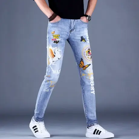 男士高端浅色印花牛仔裤男秋款男款潮牌2023新款休闲修身小脚裤子图片