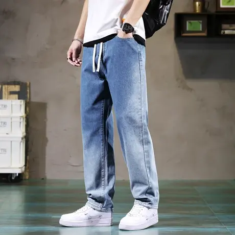 秋冬男士牛仔裤宽松直筒潮牌百搭薄款弹力阔腿松紧腰绑带蓝白长裤图片