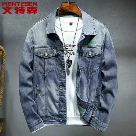 蓝色牛仔外套男秋季新款韩版潮流休闲百搭印花牛仔褂外穿男士夹克商品大图