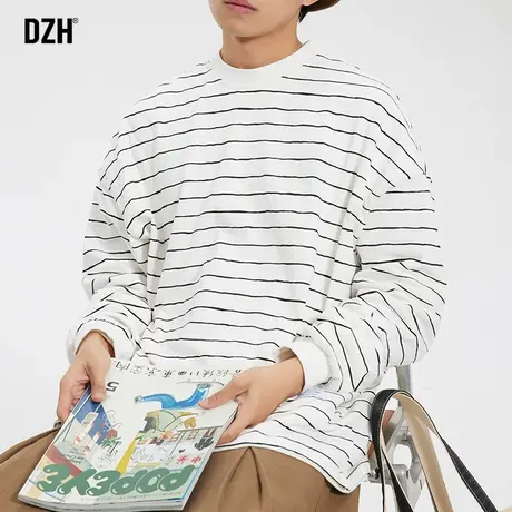 男士白色条纹t恤长袖打底衫男秋季内搭圆领卫衣潮牌男装宽松上衣商品大图