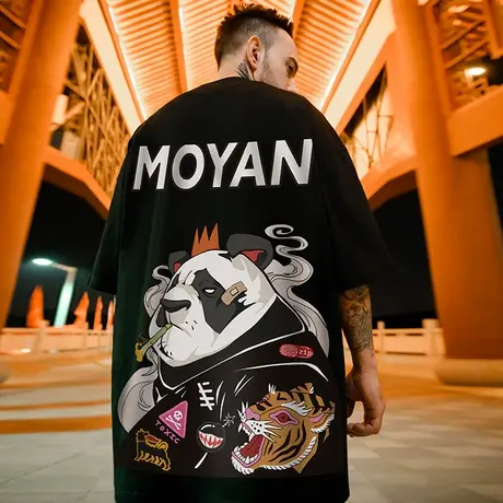 国潮熊猫t恤胖子男潮ins短袖潮牌宽松夏季加肥加大码五分半截袖潮商品大图