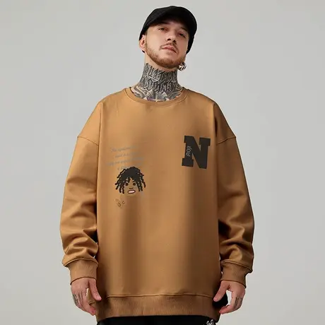 美式复古重磅卫衣大码秋冬款圆领加绒胖子宽松男生春秋国潮牌无帽商品大图