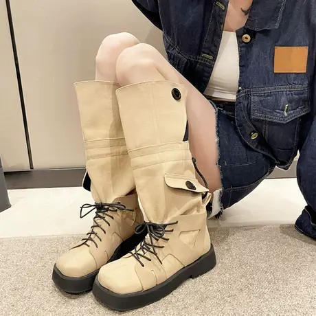 时尚圆头牛仔靴女款夏季长筒靴子厚底不过膝中筒靴抽绳绑带马丁靴商品大图