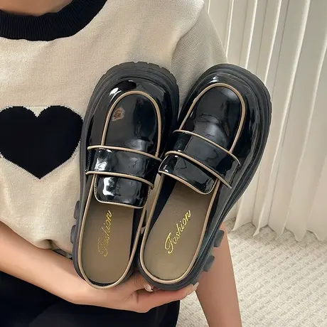 包头半拖鞋女外穿2023年新一脚蹬懒人单鞋半托厚底穆勒鞋拼色法式商品大图