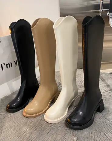 骑士靴女2023年秋季新款黑色长筒靴小个子高筒靴粗跟高跟长靴子女图片