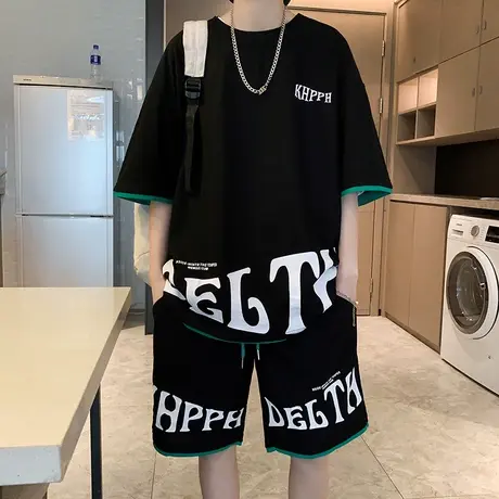休闲运动套装男夏季潮牌潮流字母短袖男装一套搭配帅气青少年衣服商品大图